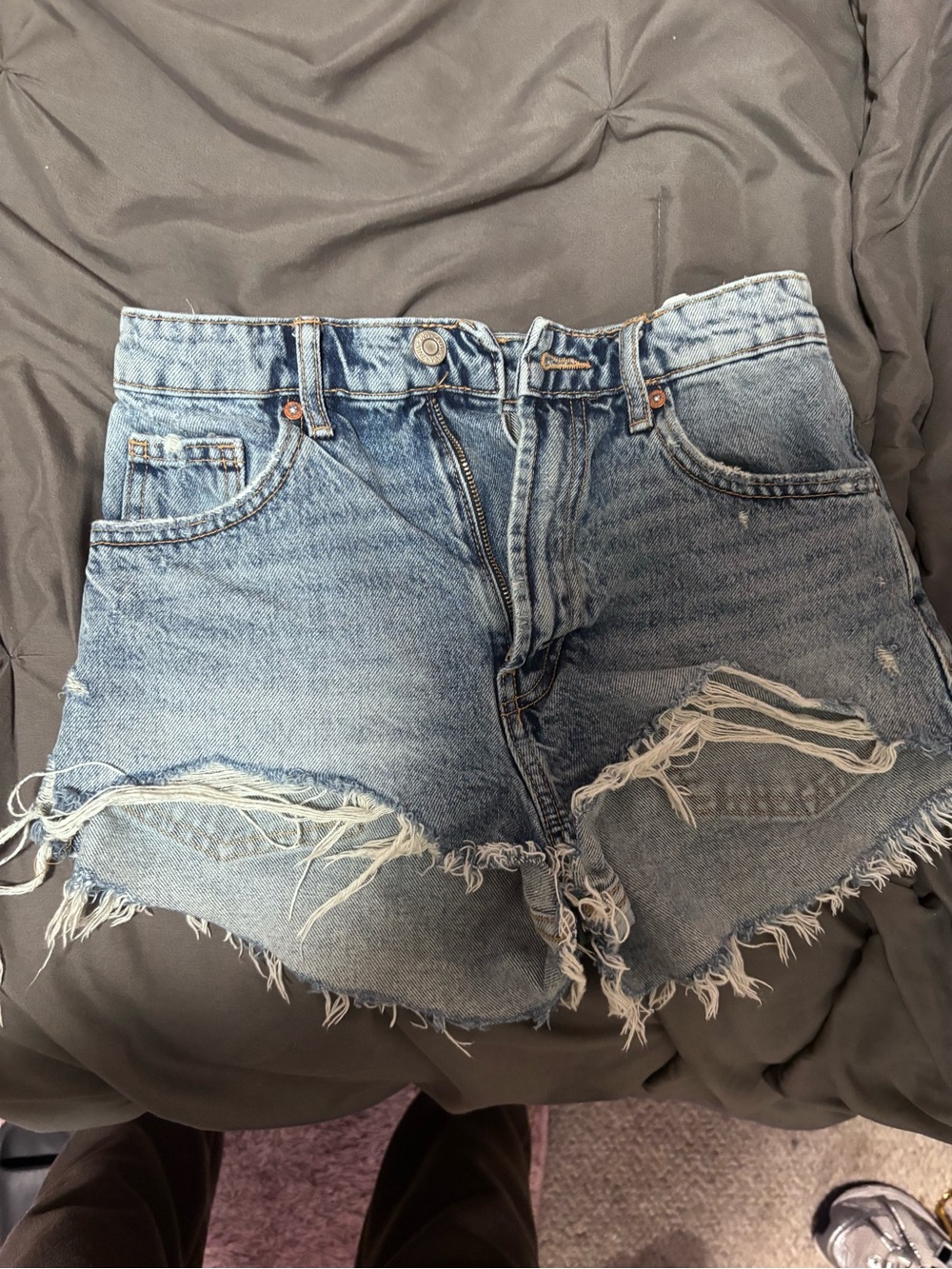 Zara Light Blue Distressed High-Waist Denim Shorts